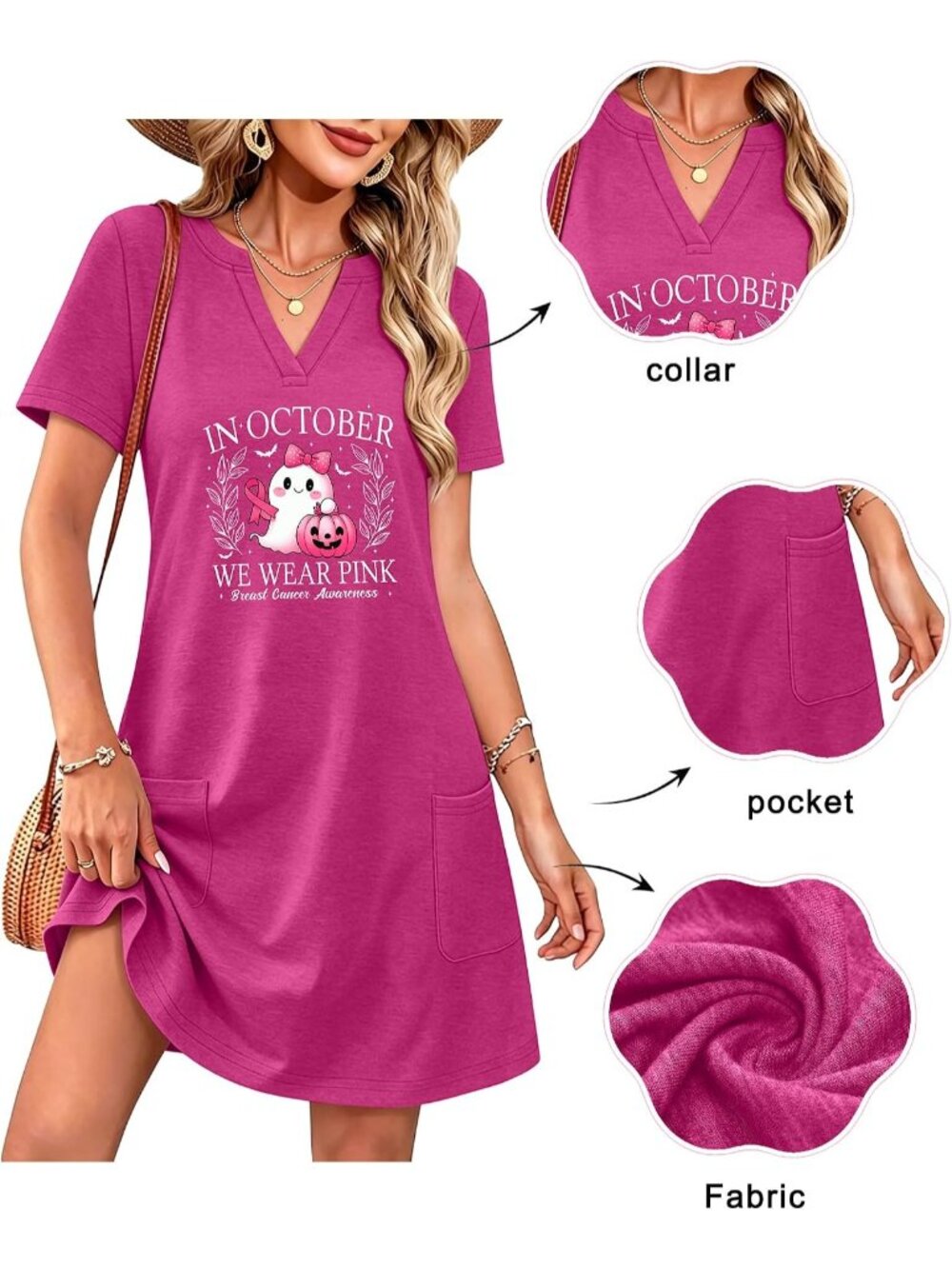 🎃Women's Pink Halloween Sundress A-Line V Neck Party Wear Pockets Casual Dress - Picture 6 of 6